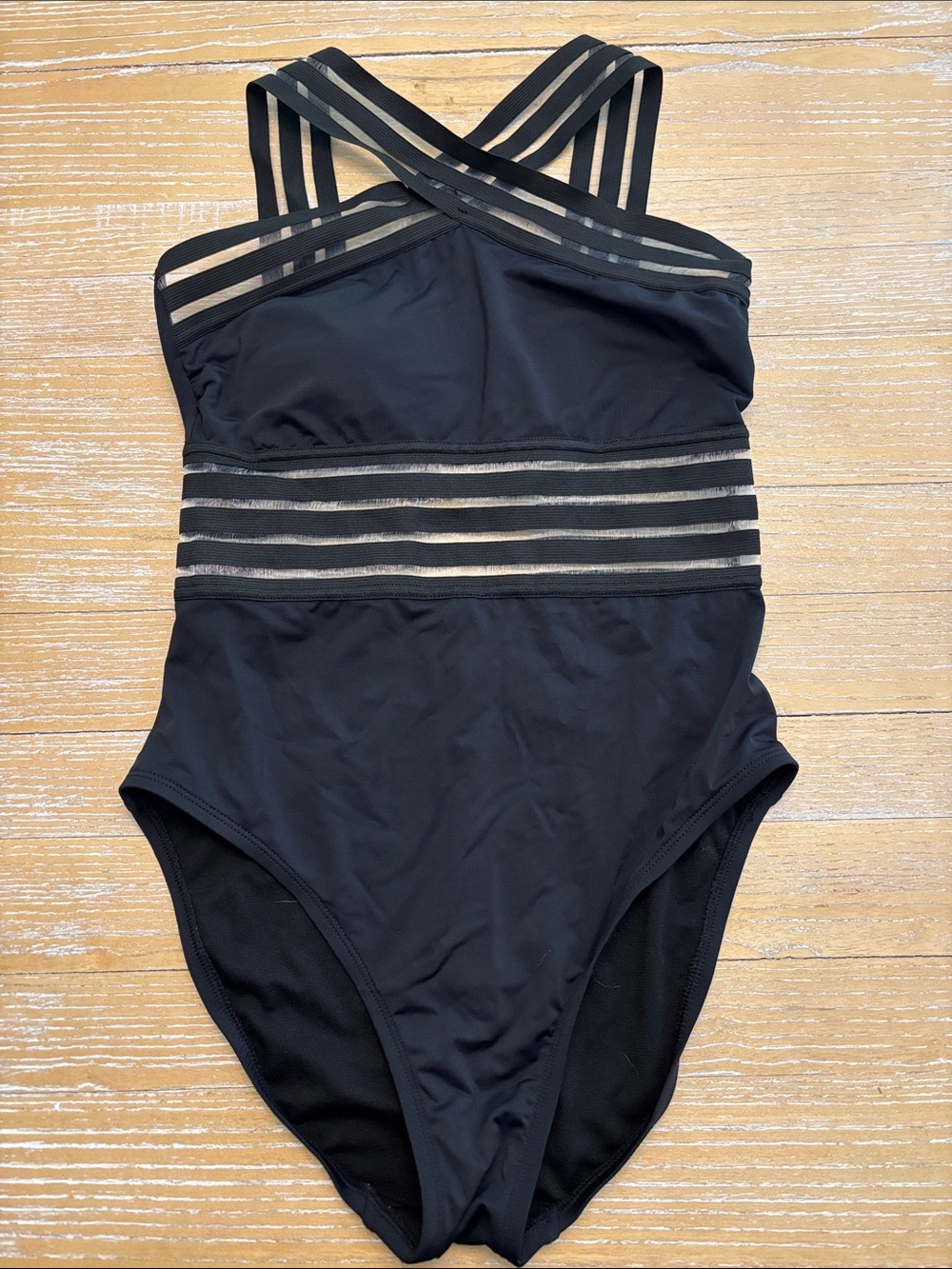 Women's Black One-Piece Swimsuit with Sheer Stripe Accents